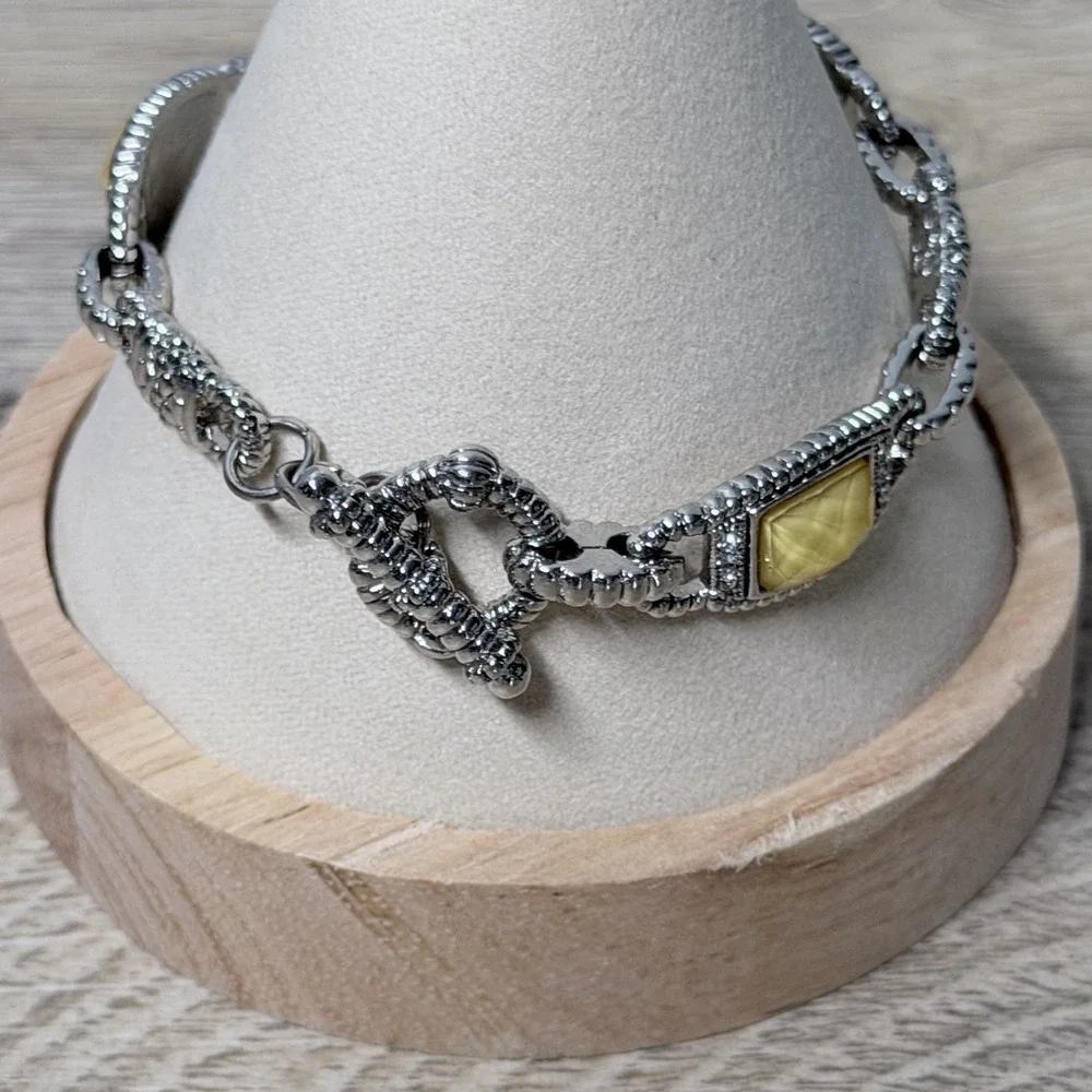 Silver Tone Chain Link Bracelet Yellow Stone Glam Retro‎ Luxe Statement Jewelry